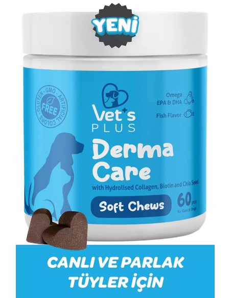 Vet's Plus Derma Care Kedi ve Köpekler İçin Deri ve Tüy Yapısı Desteği Çiğnenebilir Tablet (60'lı)