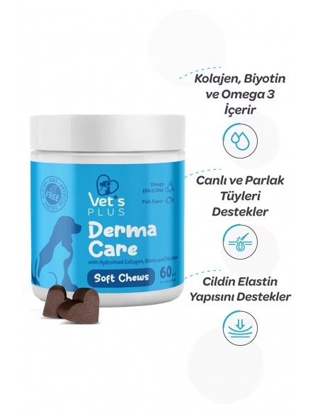 Vet's Plus Derma Care Kedi ve Köpekler İçin Deri ve Tüy Yapısı Desteği Çiğnenebilir Tablet (60'lı)