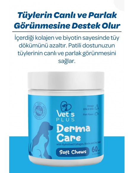 Vet's Plus Derma Care Kedi ve Köpekler İçin Deri ve Tüy Yapısı Desteği Çiğnenebilir Tablet (60'lı)