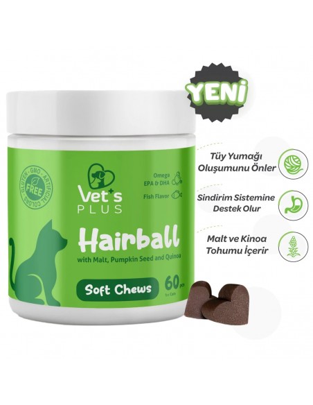 Vet's Plus Hairball Kediler İçin Malt ve Kinoalı Tüy Yumağı Önleyici Çiğnenebilir Tablet (60'lı)
