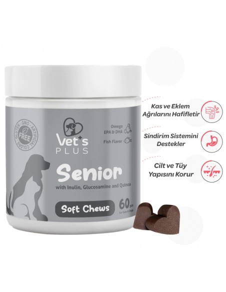 Vet's Plus Senior Yaşlı Kedi ve Köpekler İçin İnülin ve Glukozamin Çiğnenebilir Tablet (60'lı)
